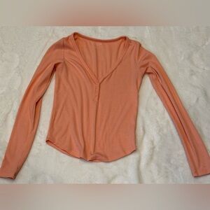 American Eagle Outfitters Coral V-Neck Henley Long Sleeve Top Small